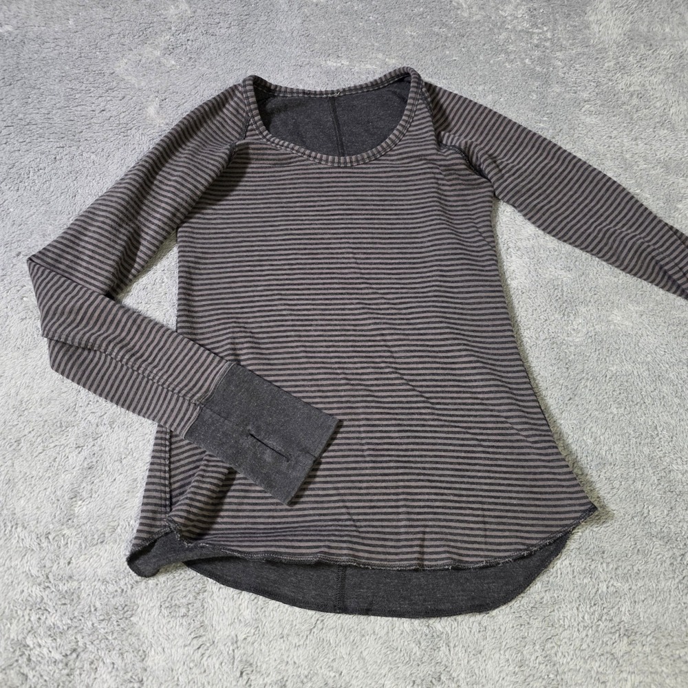 Lululemon Womens 4 Long Sleeve Top Charcoal Black Striped Thumbhole Raglan Hem
